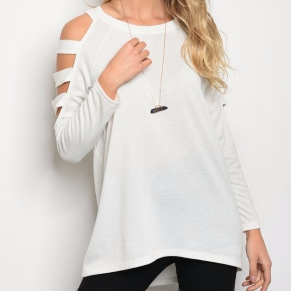 Style Cash or Credit Tops - White cold shoulder cutout top, ladder style